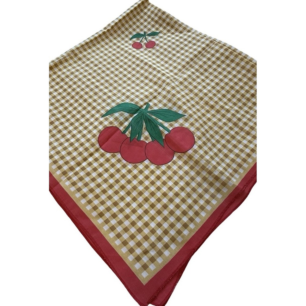 Vintage Cherry Gingham Tablecloth 52x55 Red Gold Check Retro Kitchen 1950s Linen